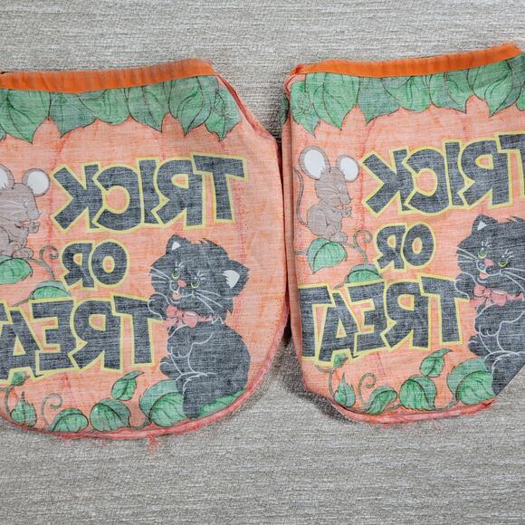 VTG Handmade Trick or Treat Bag Drawstring 15" Orange Black Cat Halloween Candy - Picture 9 of 14